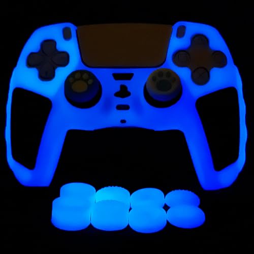 HLRAO Blau Verdickte Controller Skin Silikon Grip Glow in The Dark Schutzhülle Kompatibel mit PS5/Slim/Pro Controller + 8 FPS PRO Daumengriffe und 2 süßen Katzenpfoten-Daumengriffkappen.