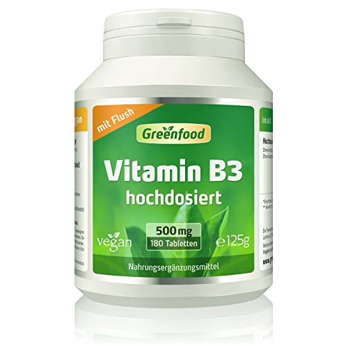 Greenfood Vitamin B3 (Niacin), 500 mg, hochdosiert, 180 Tabletten, vegan – OHNE künstliche Zusätze. Ohne Gentechnik. ACHTUNG: Flush-Effekt