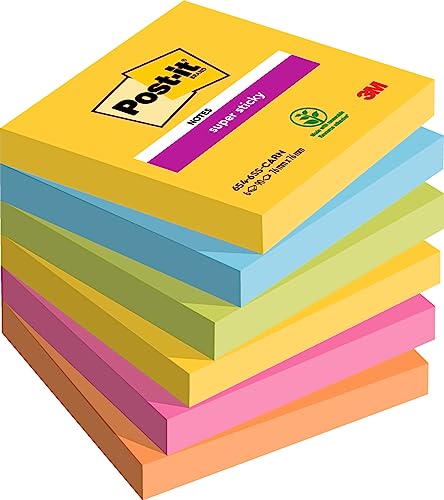 Post-it Super Sticky Notes Carnival Collection, Packung mit 6 Blöcken, 90 Blatt pro Block, 76 x 76 mm, Gelb, Blau, Grün, Pink - Extra-stark klebende Notizzettel für To-Do-Listen und Erinnerungen