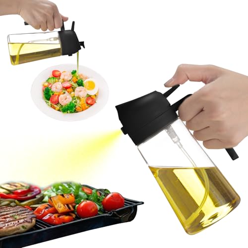 2 in 1 Ölspender und Ölsprüher, Küchenhelfer, Olivenöl Spenderflasche mit Tropffreiem Auslauf, Sprühflasche für Salate Fritteuse Braten Grillen Schwarz 470ML