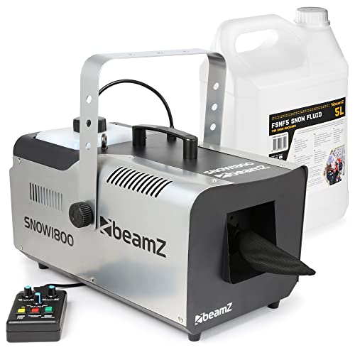 BeamZ SNOW1800 Schneemaschine mit Flüssigkeit, 1800 Watt Schnee Maschine mit Fernbedienung, 5 Liter Schneefluid, Snow Machine, DMX, Timer, mini Schneekanone Garten, Party Gadget, Winter Simulation