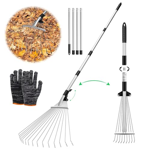 Laubrechen Verstellbar mit Stiel 215cm,Fächerbesen Laubbesen,Laubharke Metall mit Handschuhe,Gartenrechen,Rechen Garten,Laubfächer,Rasenrechen zum Reinigen von Pflanzen, Rasen und Hof