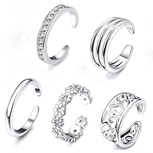 LEEQBCR 5 Stück Zehenringe aus 925er Sterlingsilber für Damen, offene, verstellbare Bandringe, Schmuckset