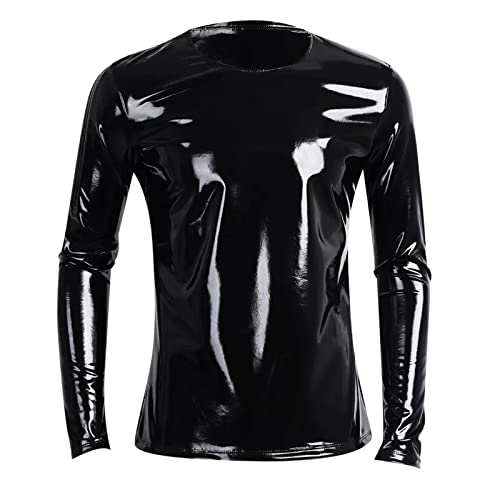 EQWIGKEIT Sexy Unterwäsche Für Mann Latex Dessous Erotisch Clubwear Guywear Stretch Hemd Tops Latex T-Shirt Herren Leder Oberteil Slim Fit Tank Top Wetlook Unterhemd Reizwäsche Für Sex