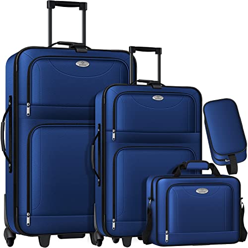 KESSER® 4tlg Trolley Kofferset | Reisekoffer Set mit Rollen | Komplettes Business 4er Set | S M L XL | Netzfach | Teleskopgriff | Reisetaschen Stoffkoffer | Handgepäck | Blau