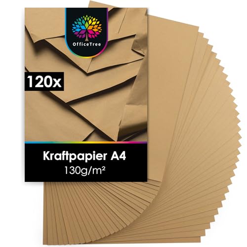 OfficeTree 120x Kraftpapier A4 130g - Craftpapier A4 - Kartonpapier zum Basteln Hochzeit Einladungen, Menükarten - Kartonpapier A4 - Braunes Papier A4 - Craft Papier zum Drucken und Schreiben