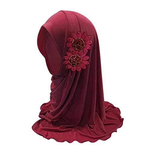 Mädchen Muslimischer Hijab Kinder Bandana Kopftuch Hut Mädchen Moslem Schal Turban Hut mit Blumen Sommer Arabische Hals Islamische Kopfkappe Kopfbedeckung Sonnenschutz Kappe, 2-7 Jahre alt (Rot)