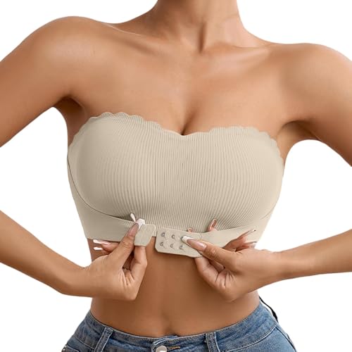 Beige Damen Trägerloser BH mit transparenten Trägern Front Buckle Push Up Bra Nahtloser Bandeau BH mit Rutschfestem Innenfutter Tube Top Starker Halt rutschfest Einfarbig Trägerloses Tops