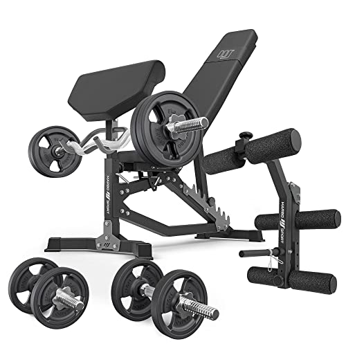 Marbo Sport Set MS39_2.0_42KG_G | Doppelseitige Bank + Curl Pult + Beinpresse + Stangen- und Hantelscheiben gummiert Set 42kg | Made in EU