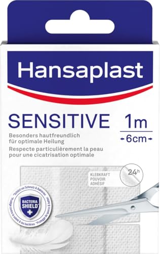 Hansaplast Sensitive Pflaster (1 m x 6 cm), zuschneidbare und hautfreundliche Wundpflaster mit Bacteria Shield & sicherer Klebkraft, schmerzlos zu entfernende Pflaster