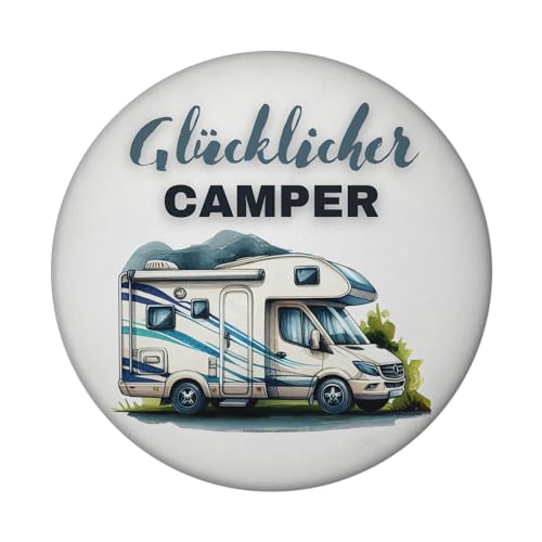 Wohnmobil Magnet rund mit Spruch Glücklicher Camper Wohnwagen Begleiter Anhänger Charm Camping Accessoire Mobiles Heim Gefühl Gemütliche Unterkunft