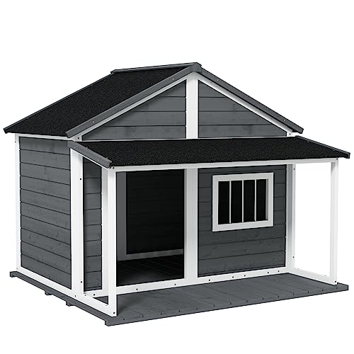 PawHut Hundehütte aus Massivholz Kleintierhaus Hundehaus mit Terrasse Asphaltdach Outdoor wetterfeste Hütte für draußen Grau 124 x 112 x 105 cm