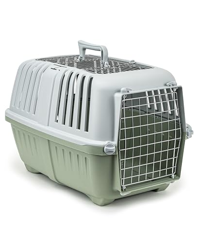 lionto Hundetransportbox aus Kunststoff mit Metallgitter, 58,5x35,5x40 cm, Transportbox mit praktischem Schließsystem & Tragegriff, auch geeignet für Katzen & Kleintiere, für Haustiere bis 15kg, grün