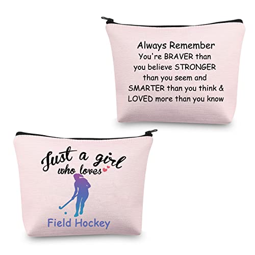 Feldhockey-Geschenke für Mädchen, nur ein Mädchen, das liebt, Feldhockeyspieler, Geschenke, Feldhockey, Make-up-Taschen, Kosmetik-Reisetaschen, inspirierende Geschenke, Feldhockey-Tasche, Pink