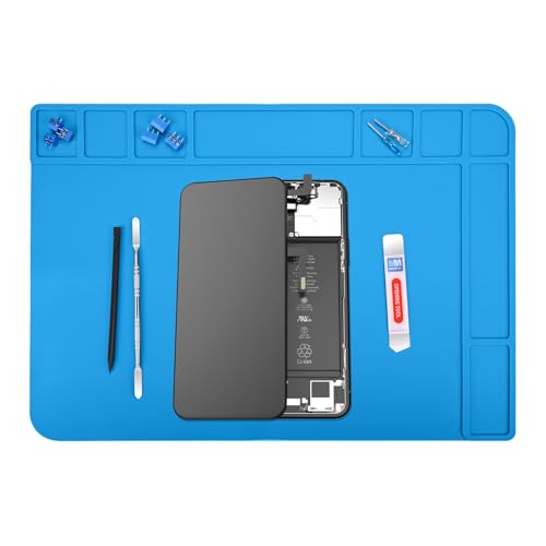 MMOBIEL Reparatur- und Lötmatte Silikon - 48 x 34 cm – Silikonmatte Hitzebeständig bis 500°C - Werkbankmatte für Lötarbeiten, Handy-, Computer- und Elektronikreparaturen - Silikon-Lötmatte – Blau