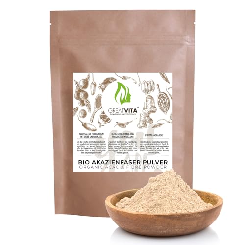 Bio Akazienfasern Pulver 400g, E414 Premium Qualität, 90% Ballaststoffe, löslich & geschmacksneutral | Gummi Arabicum, vegan, gluten- und laktosefrei | Made in Germany DE-ÖKO-037 | GreatVita
