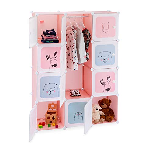 Relaxdays, 9 Regal , Steckregal Kinderzimmer, Mädchen, lustige Motive, Kunststoff, DIY Schrank mit Türen, HBT 145x110x37,5 cm, rosa