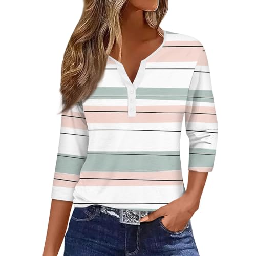 Damen 3/4 Ärmel V Ausschnitt Tee Shirt Lässig DREI Guarter Länge Tunika Blusen Mode JAHRTAUSEND Gestreift Knopf Unten Shirt Khaki M Shirt Grün Damen 3/4 Arm Sport Shirts Damen Shirt Grün Damen 3/4