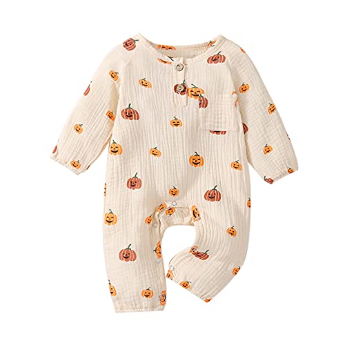 Geagodelia Baby Jungen Mädchen Halloween Strampler Overall Kürbis Kleidung Outfit Babykleidung Schlafstrampler Neugeborene Weiche Babystrampler My First Halloween (A - Beige, 0-3 Monate)