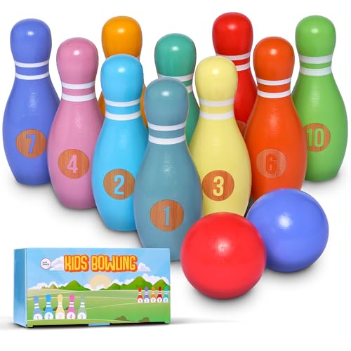 Pink Papaya Kegelspiel für Kinder - 12 teiliges Bowling Set, Outdoor & Indoor Spielzeug aus FSC-zertifiziertem Holz, schult & fördert Ihr Kind