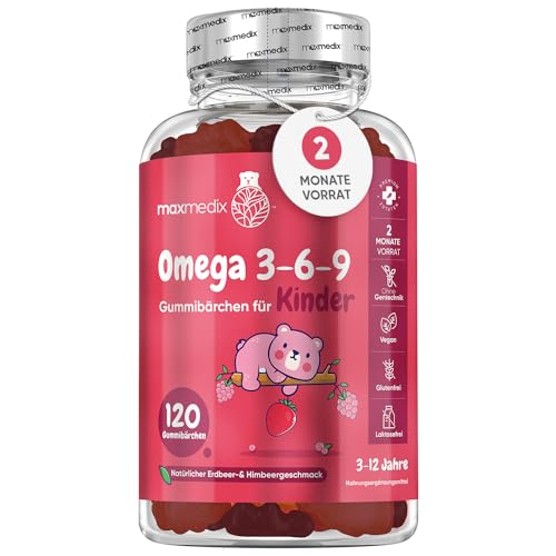 Omega 3 6 9 Gummibärchen für Kinder - 400mg Perillaöl liefert Omega 3, Omega 6 & Omega 9 pro Portion - 120 vegane Gummies - 2 Monatsvorrat - Fettsäuren mit Erdbeeren & Himbeeren Geschmack - maxmedix