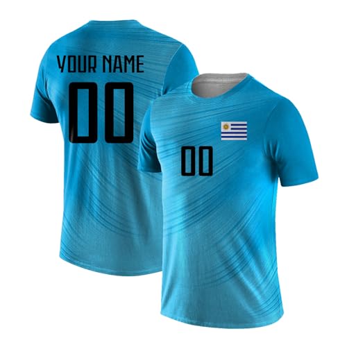 Yolovi Personalisiertes Fussballtrikot mit Namen Nummer Drucken Nationalflagge Sport Casual Trikots Fussballshirts für Herren Damen Jugendliche Uruguay