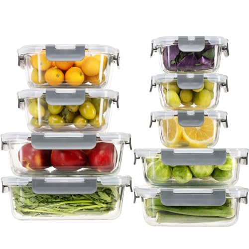 GENICOOK 18 Stück Glasfrischhaltdosen mit Deckel,Luftdicht Glas Lebensmittelbehälter, Glas Aufbewahrungsbehälter Set für Küche, Vorratskammer BPA frei & auslaufsicher (9 Deckel & 9 Contain