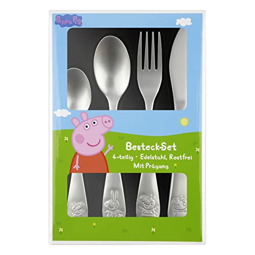 p:os Peppa Wutz Kinderbesteck, 4-teiliges Besteckset mit Messer, Gabel, Suppenlöffel und Dessertlöffel, Essbesteck mit Prägung aus rostfreiem Edelstahl