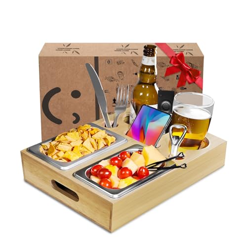 Couchbar aus Bambus Holz, Sofa Organizer auf dem Beistelltische Couchtisch, Couchbar Snackbox Ideal für Wohnzimmer Schlafzimmer Garten Camping Geburtstagsgeschenk für Männer