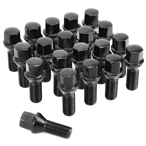 QWORK® 20 Stück M14x1.5, Radschrauben, Radbolzen, Durchmesser 28mm, Kegelbund 60°, Geeignet für Audi BMW,Peugeot, Benz, Citroen, Schwarz