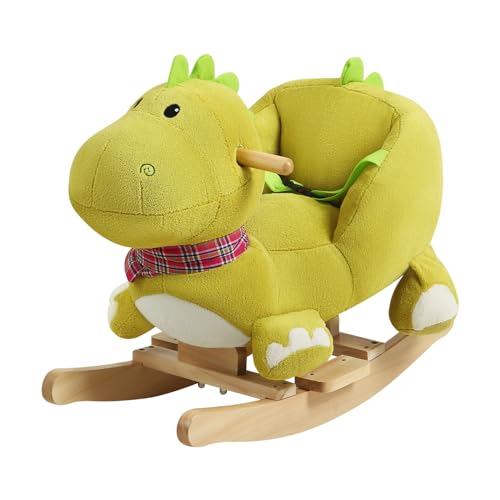 WOLTU Schaukelpferd, Plüsch Schaukeltier Dinosaurier, Schaukelspielzeug für Kinder Baby, mit Sicherheitsgurt, Griffe, Fußstütze, Musik, aus Holz Metall, 60x53x25.5 cm