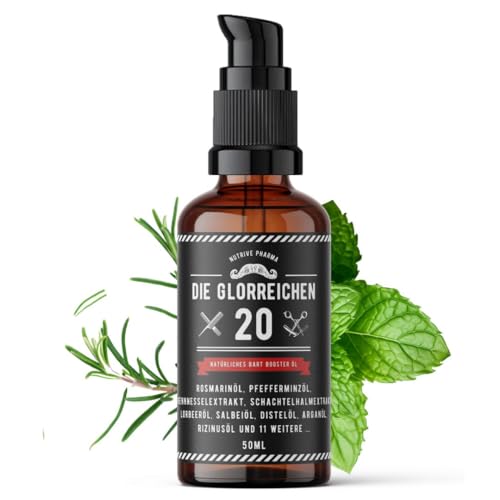 G-20 Bartöl 50ml Rosmarinöl Minzöl Bartwachstumsöl mit Brennnesselöl, Schachtelhalmöl, Salbeiöl, Lorbeeröl, Rizinusöl, Argan, Jojoba, Vitamin E und mehr, Originalserum für einen langen und dicken Bart