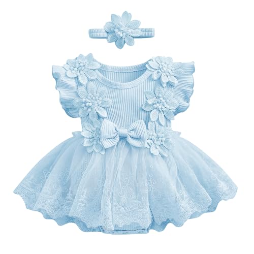 Odizli 1 Geburtstag Mädchen Outfit Kurzarm Strampler Kleid Blume Spitze Tüllkleid+Stirnband Kleidung Sommer Babykleidung Neugeborene Erstausstattung Babysachen Set Baby Fotoshooting Blau 3-6 Monate