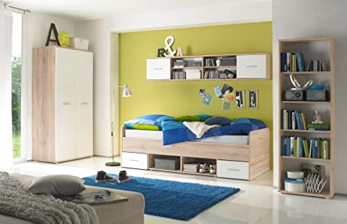 NANU Jugendzimmer Komplett-Set in Eiche San Remo Optik, Weiß - Kinderzimmer Möbel-Set 4-teilig bestehend aus Kleiderschrank, Bett, Standregal & Wandboard