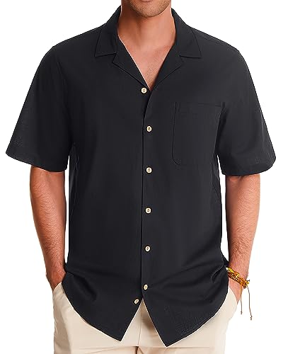 J.VER Leinenhemd Herren Sommer Kurzarm Herren Hemd Freizeithemd Business Regular Fit Strandhemd Einfarbig Casual Shirts für Rentner Urlauber,Schwarz,XXL
