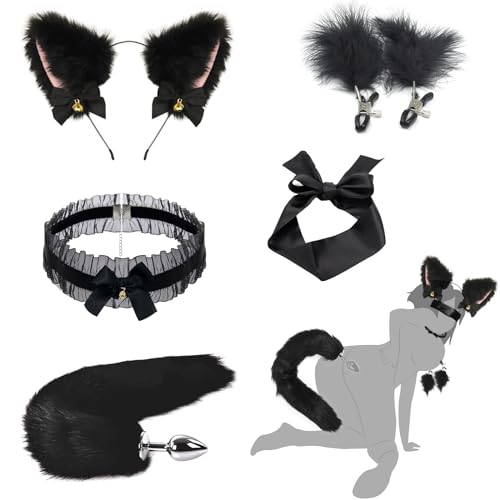 AMZII Analplug Paaren Cosplay 5er Set,Fuchsschwanz Buttplug & Nippelklemmen Brustwarzen & SM Augenmaske & Halsband Frauen Sex & Katze Ohren,Diloschwanz für Frauen,BDSMs Fesseln Sex Set (Schwarz)