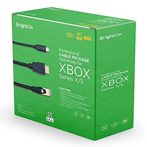 BrightOn - Optimiertes Kabelpaket, kompatibel mit XBOX Series X/S | 8K HDMI 2.1 HDR Schwarz Kabel 8K@60Hz/4K@120Hz | CAT 7 Super-High-Speed-Ethernet-Kabel | Schnellladekabel (USB A auf USB C)