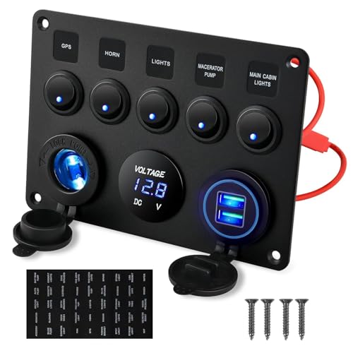 Gebildet 5-Gang-Multifunktions-5-Gang-Wippe-Dual-USB-Ladegerät + Digitales Voltmeter + 12V Steckdose, Vorverdrahtete Schalttafel mit Leistungsschaltern für Wohnmobil, Auto, Boot, LKW, Anhänger
