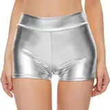 PTLLEND 2024 Karneval metallische Booty-Shorts für Damen, Rave-Hose zum Tanzen, Hotpants, Clubwear (Silver, M)