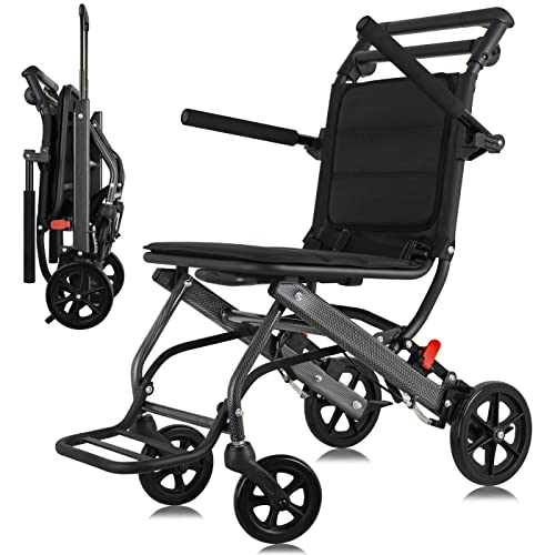 WISGING Ultraleichter Transportrollstuhl (nur 6,8kg), Klappbarer tragbarer Rollstuhl mit Handbremse, Trolleys für ältere Menschen Flugreisen, Rollstühle für Erwachsene (mit Tasche) (mit Teleskopgriff)