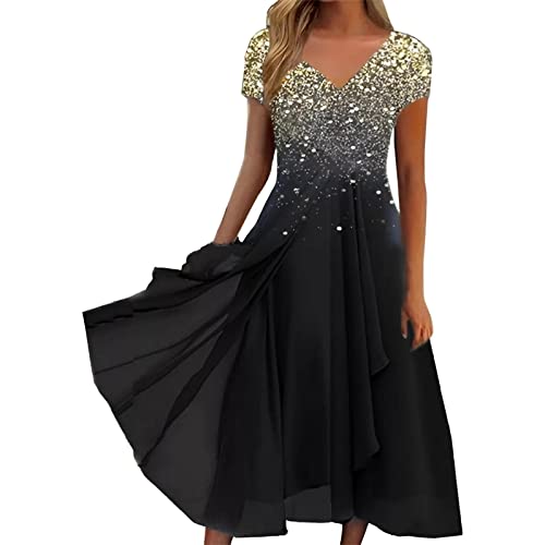 Damen Kleider Spitzenkleid Chiffon Cocktailkleid Festliches Ballkleid Brautjungfernkleider Für Hochzeit Midi Abendkleider (01 Schwarz, L)