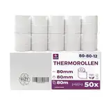 Thermorollen/Bonrollen/Kassenrollen 80mm x 80m x 12mm (80x80x12) für alle gängigen Thermopapier Kassen-Bondrucker – BPA Frei (B: 80mm - Ø80mm x 80m - 50 Stück)