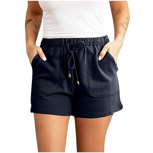 Hautfarbene Shorts Damen mit Kordelzug, lässig, elastischer Bund, Reine Farbe, Sommer-Strand-Shorts, leichte Kurze Hose Taschen Schwarz(Marine,XXL)