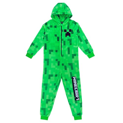 Minecraft Onesie Creeper Fleece Jumpsuit Sleepsuit Gamer Geschenk Schlafoverall mit Kapuze für Jungen (DE/NL/SE/PL, Numerisch, 152, Regular, Grün)