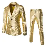 Golden Glänzender Anzüge Herren 2-Teiliger Metallic Jacken Hose Set Party Disco Karneval Anzüge Herren Glänzender Zweiteiliger offen, schmale Passform (Gold, L)