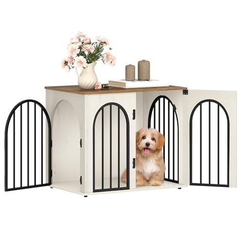 Hzuaneri Hundekäfig Möbel, 68cm Hundebox für Zuhause, 3 Türen, Bogentür, Moderne Hundebox Indoor für Hunde, Beistelltisch, Hundekäfig Hochbelastbar, 48 x 68 x 56 cm, Weiß Braun DFC85514B