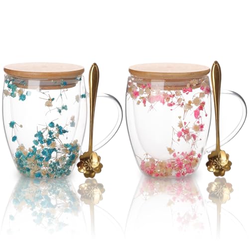 CNNIK Blumen Geschenke für Frauen Getrocknete Blumen 350ml Doppelwandige Gläser Geschenk für freundin Lehrer Paare Großeltern Schöne Teetassen Geschenk Teeglas Coffee Glasses mit Deckel und Löffel