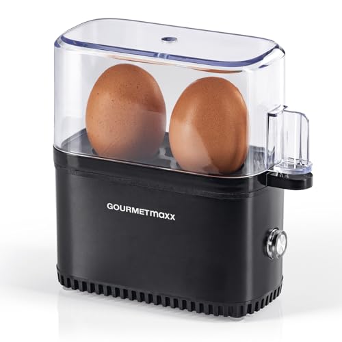 GOURMETmaxx Design Eierkocher für 2 Eier | kompakter Egg Boiler | Egg Cooker mit Eierstecher, Messbecher & Signalton | 3 Härtegrade | leichte Reinigung & spülmaschinenfeste Teile