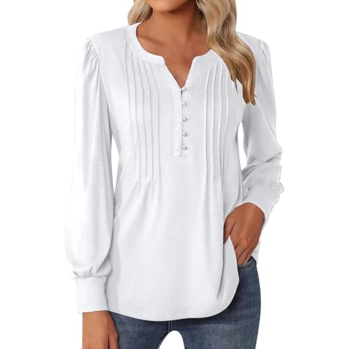 Casual Tops Für Frauen V Neck Button Down Shirts 2024 Plissee Puff Langarm Tunika Shirts Blusen Schwarzes Oberteil Damen (White, XL)