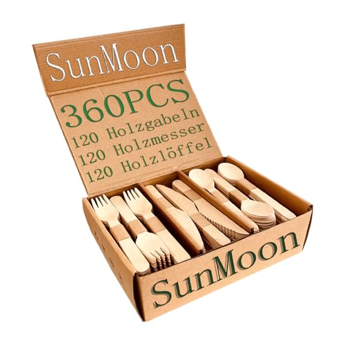 SunMoon Eco Friendly 360-Pack Holzbesteck Einweg, 16cm lang, Plastikfreie Verpackung, Ersatz für Kunststoff und Bambus Besteck, Kompostierbares, biologisch abbaubares Einweg Besteck für Parteien